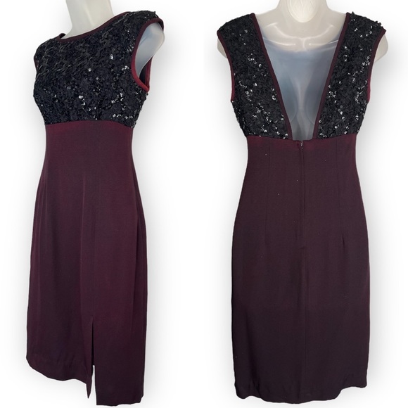 Vintage 80s Cocktail Dress Lace Sequins Maroon & Black Sleeveless Size 4 - Picture 1 of 12